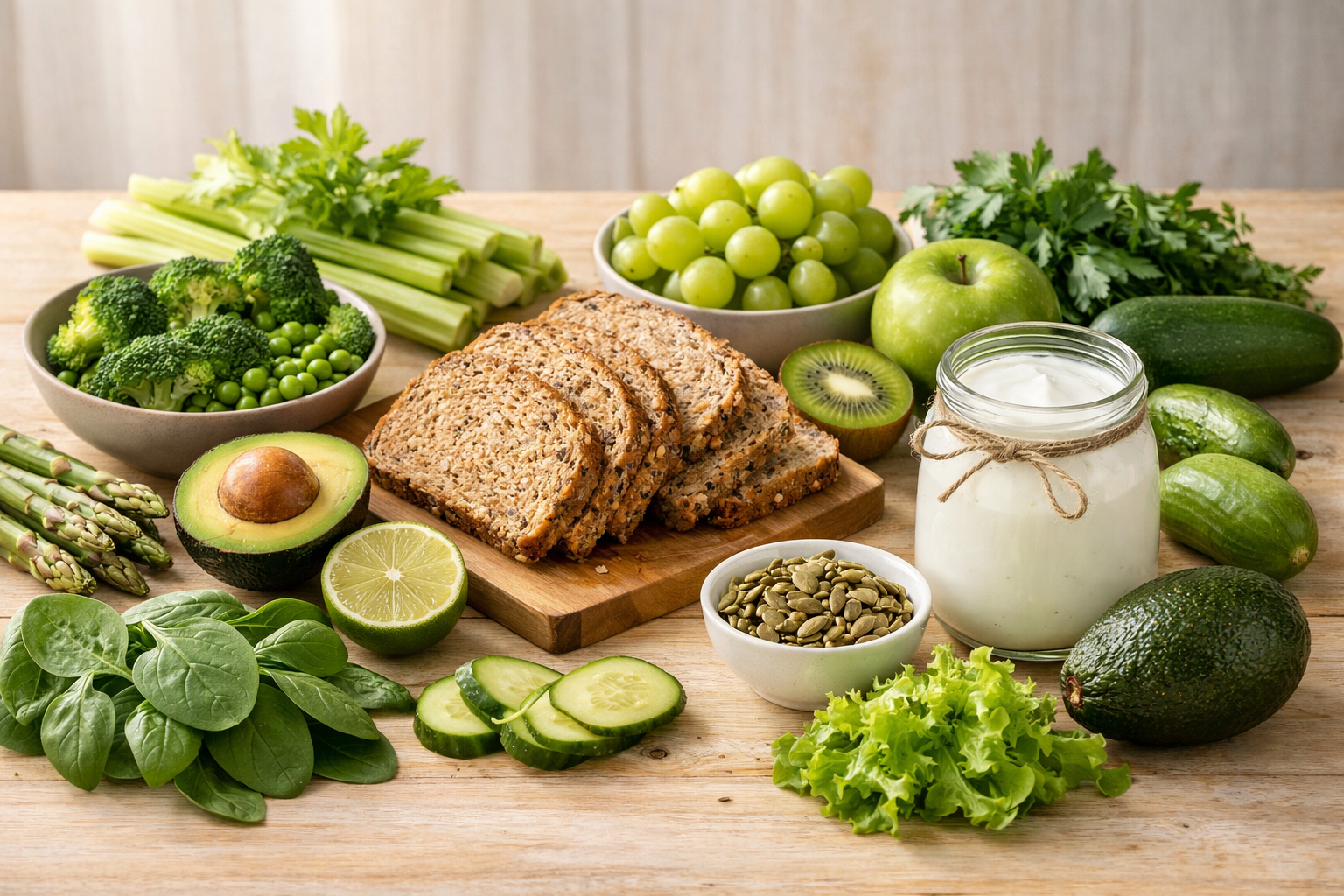 Fresh green vegetables, fruits, whole grain bread and natural yogurt arranged on a light wooden table, soft natural lighting, wellness lifestyle photography, clean and healthy eating concept