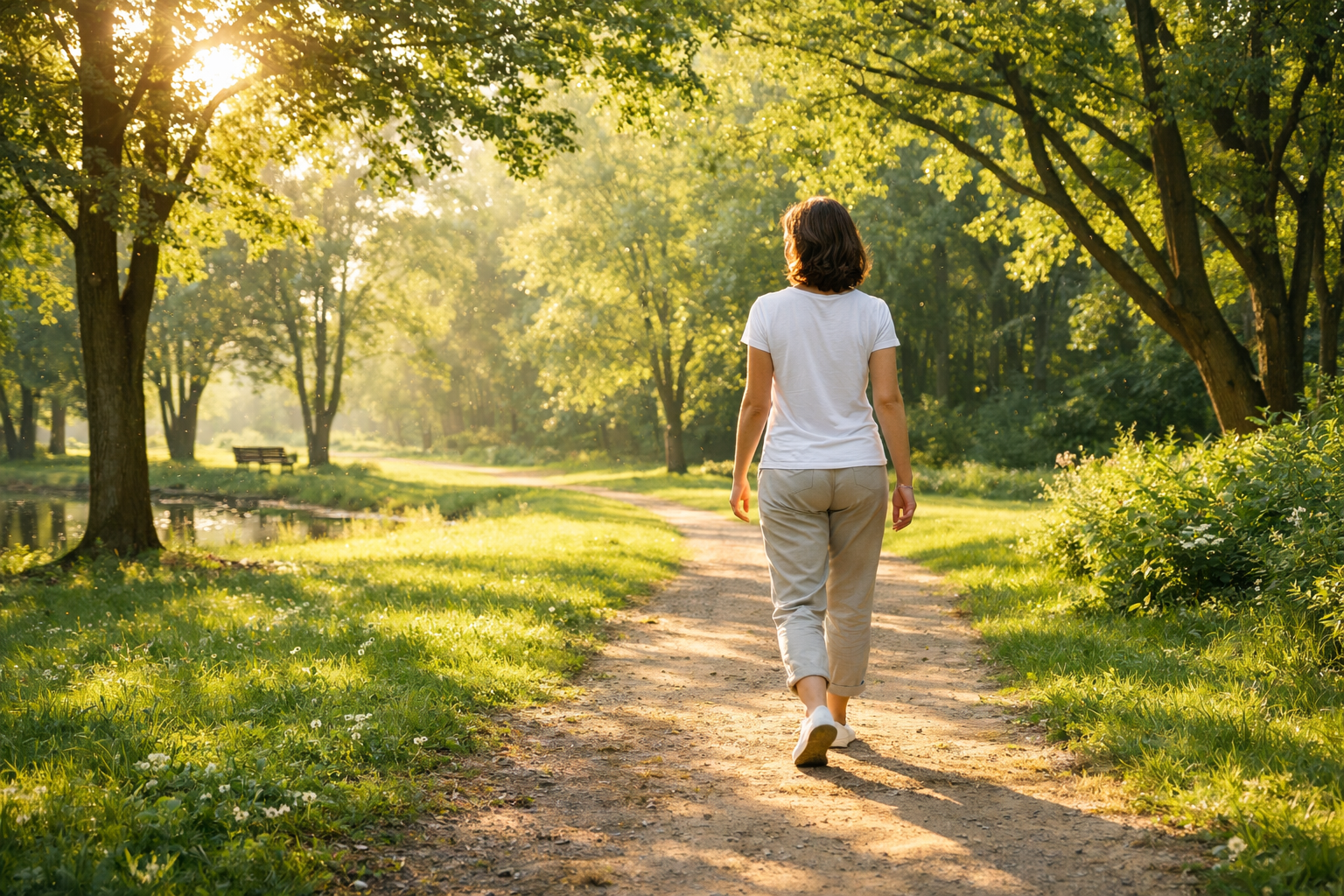 Person walking peacefully in a green park with trees, natural sunlight, wellness lifestyle, calm atmosphere, outdoor activity for digestive health